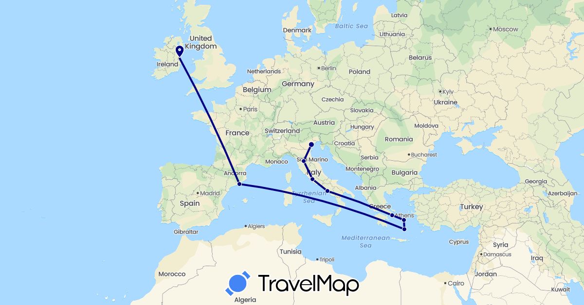 TravelMap itinerary: driving in Spain, Greece, Ireland, Italy (Europe)